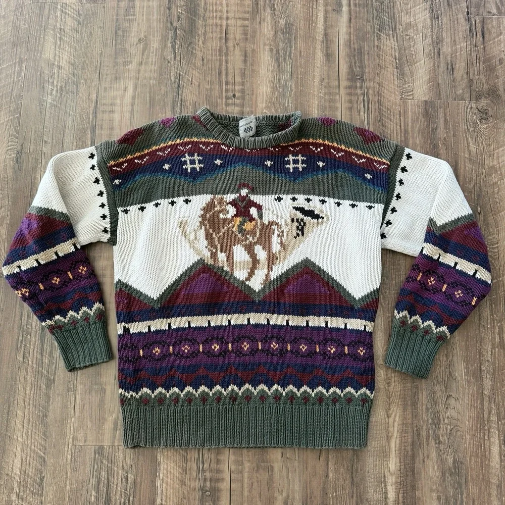 VTG Equestrian Horse Player Knit Wool Sweater Mulit Size Medium Western Ranch